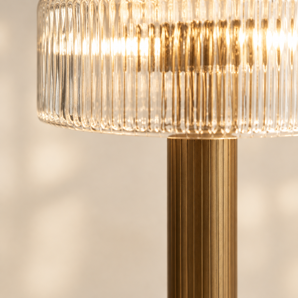 Fosse Ribbed Glass Table Lamp – close-up of the ribbed glass and brass column