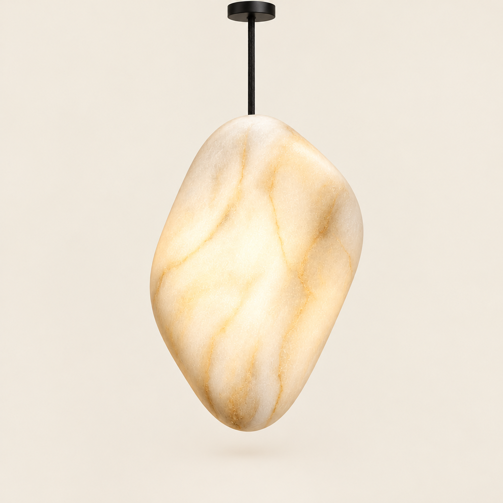 Fowey Cloud Stone Pendant Light – switched on, studio view