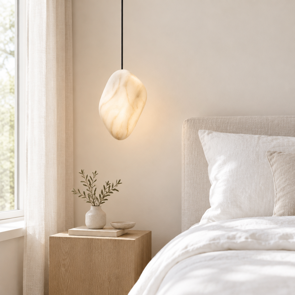 Fowey Cloud Stone Pendant Light – as a bedside pendant