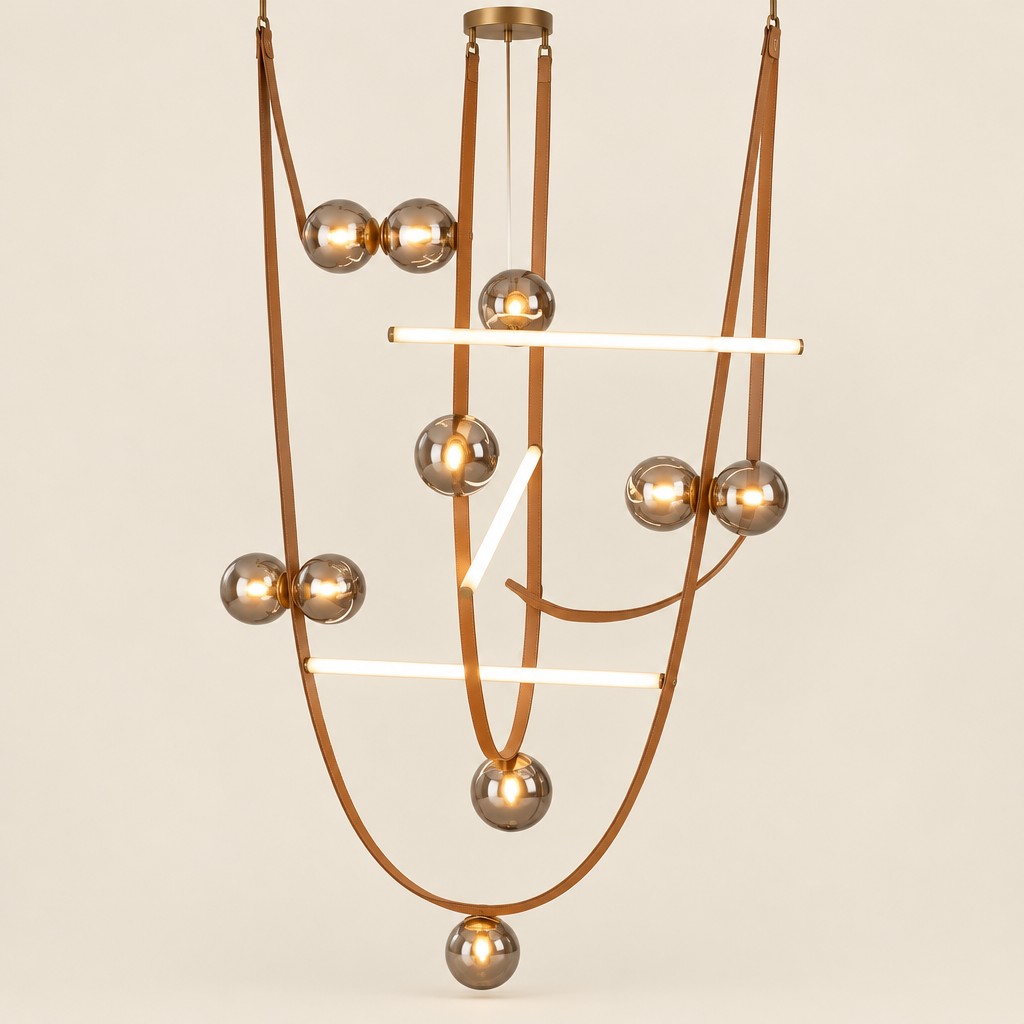 Glebe Leather Chandelier – switched on, studio view