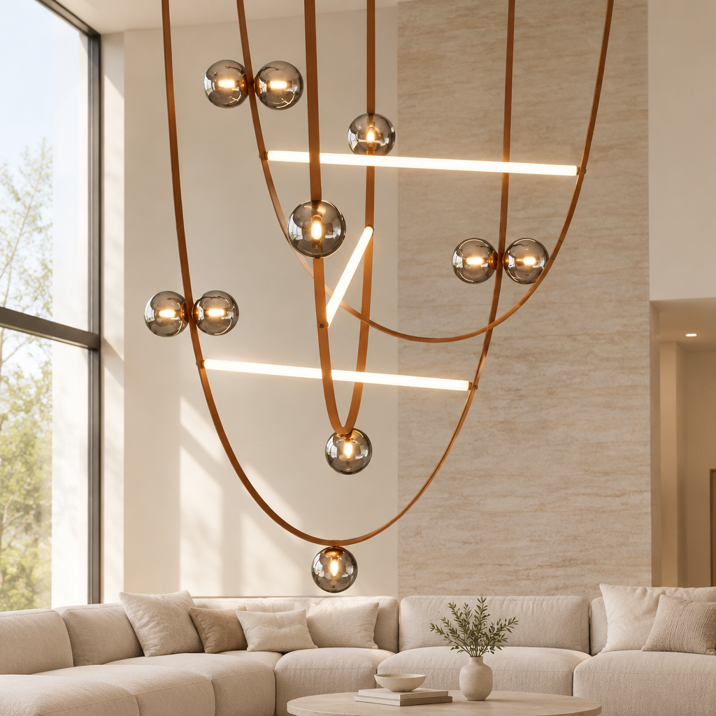 Glebe Leather Chandelier – in a double-height living room