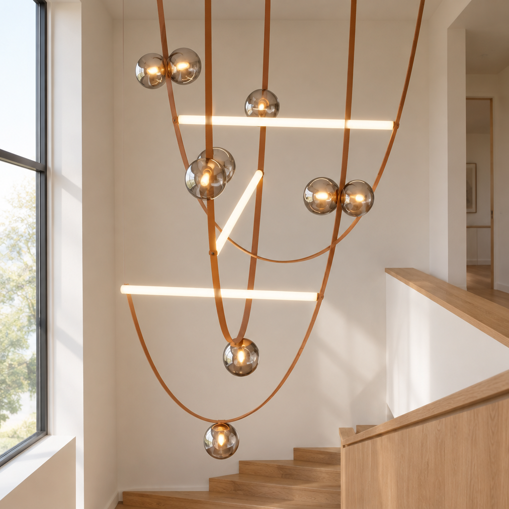 Glebe Leather Chandelier – in a tall stairwell