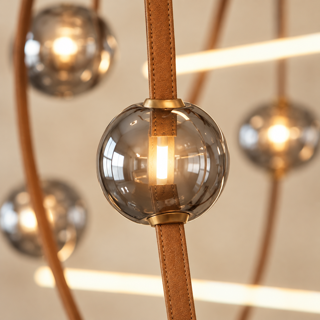 Glebe Leather Chandelier – close-up of a glass globe on the leather belt