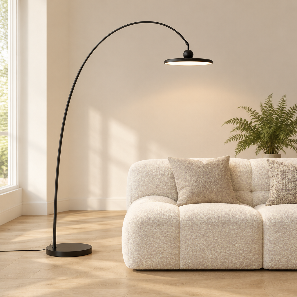 Greta Arc Floor Lamp – arching over a sofa