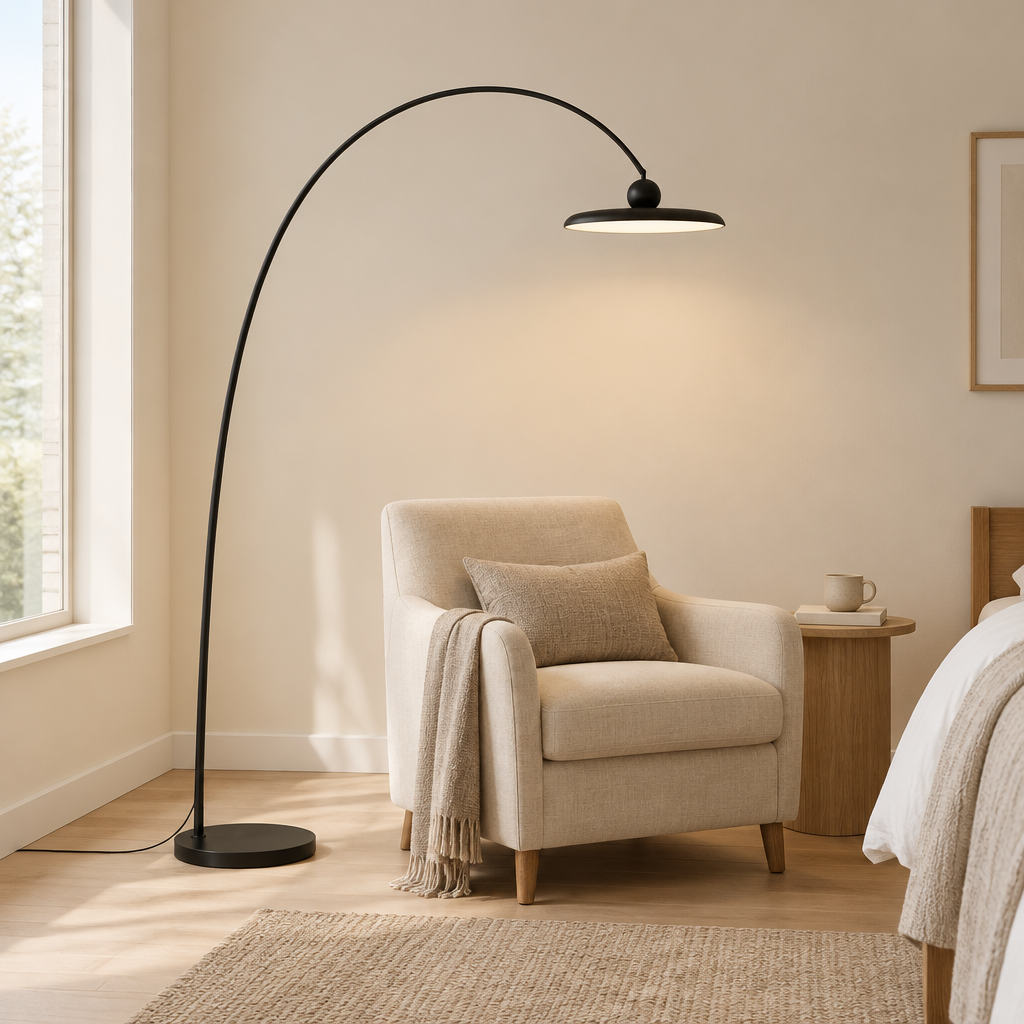 Greta Arc Floor Lamp – in a bedroom reading corner