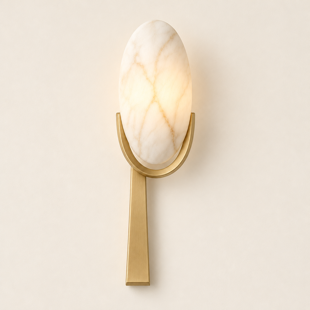 Hambledon Alabaster-Effect Wall Light – switched on, studio view