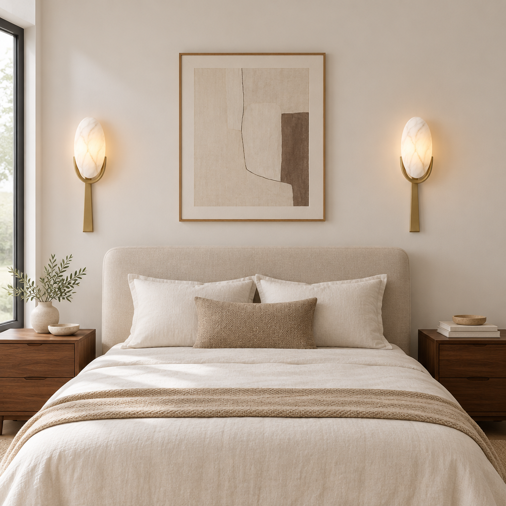 Hambledon Alabaster-Effect Wall Light – a pair beside a bed
