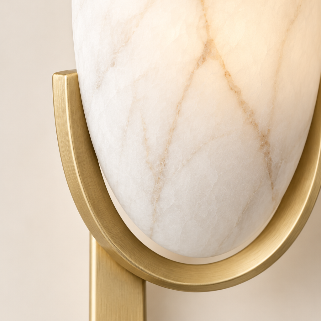 Hambledon Alabaster-Effect Wall Light – close-up of the alabaster-look shade and arm