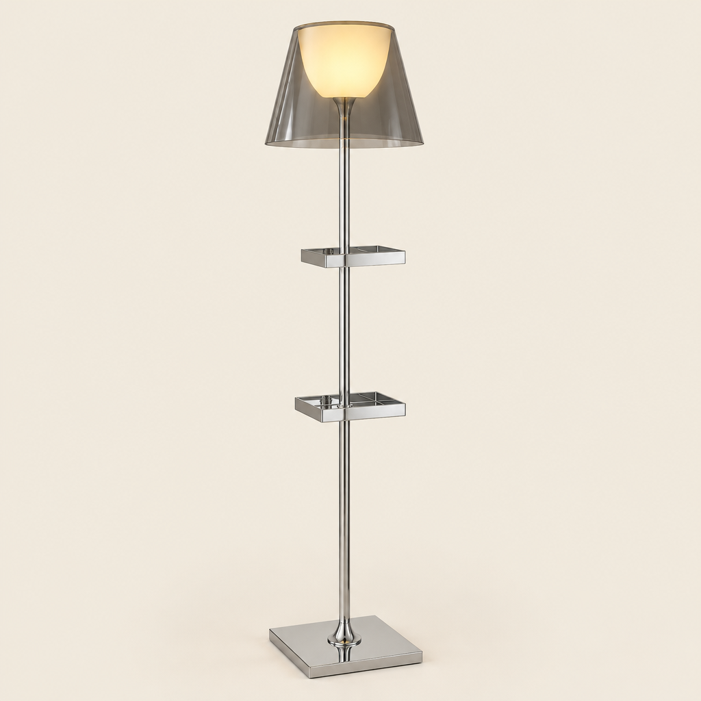 Hanbury Smoked Acrylic Floor Lamp – studio photo, lit, on a cream background