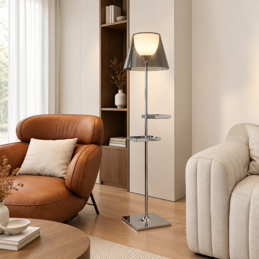 Hanbury Smoked Acrylic Floor Lamp – between an armchair and sofa