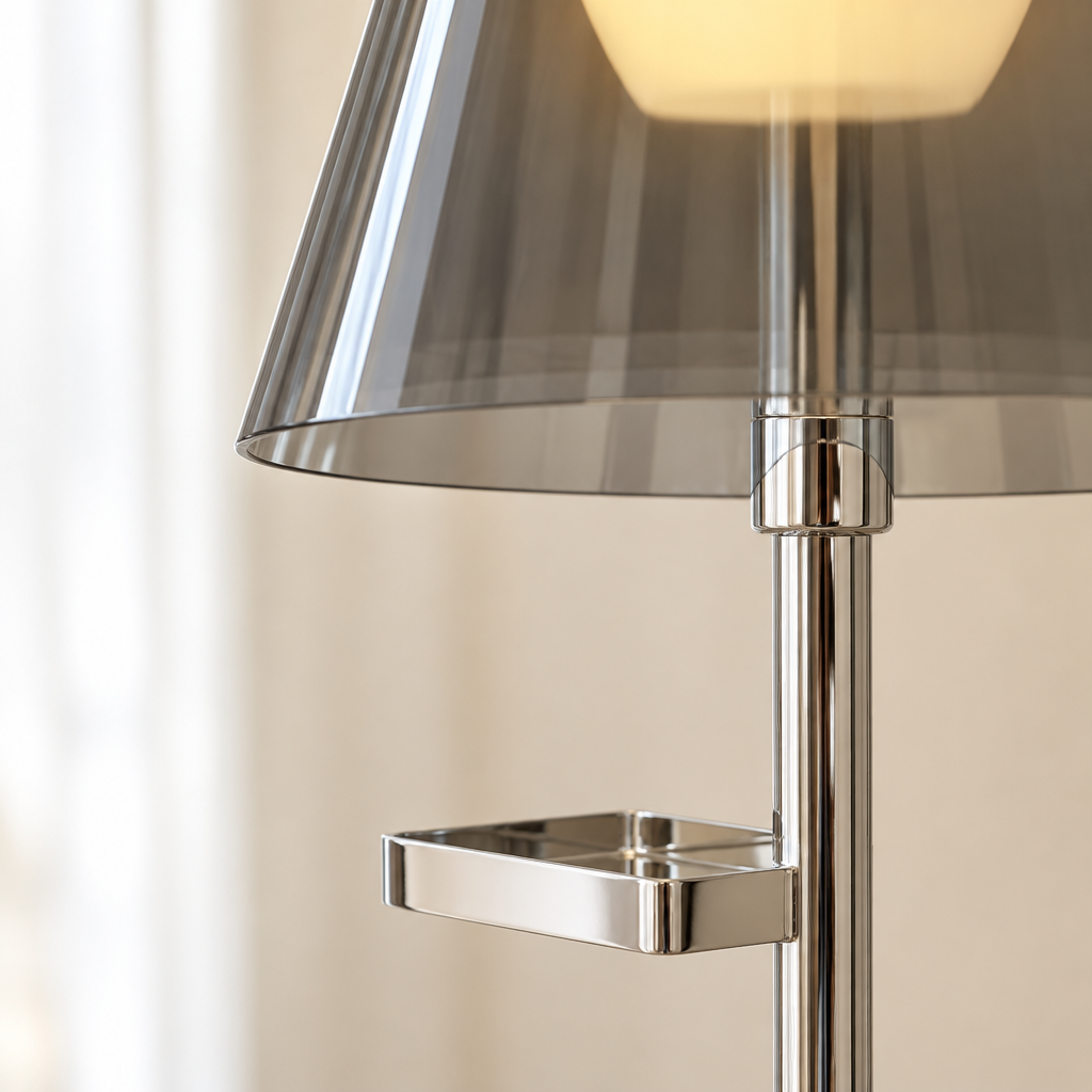 Hanbury Smoked Acrylic Floor Lamp – close-up of the tinted shade and chrome stem