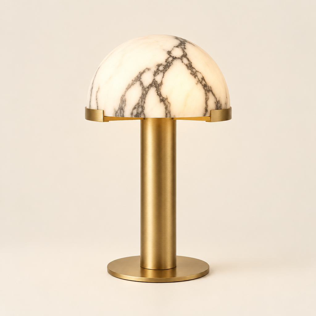 Hawes Alabaster-Effect Table Lamp – switched on, studio view