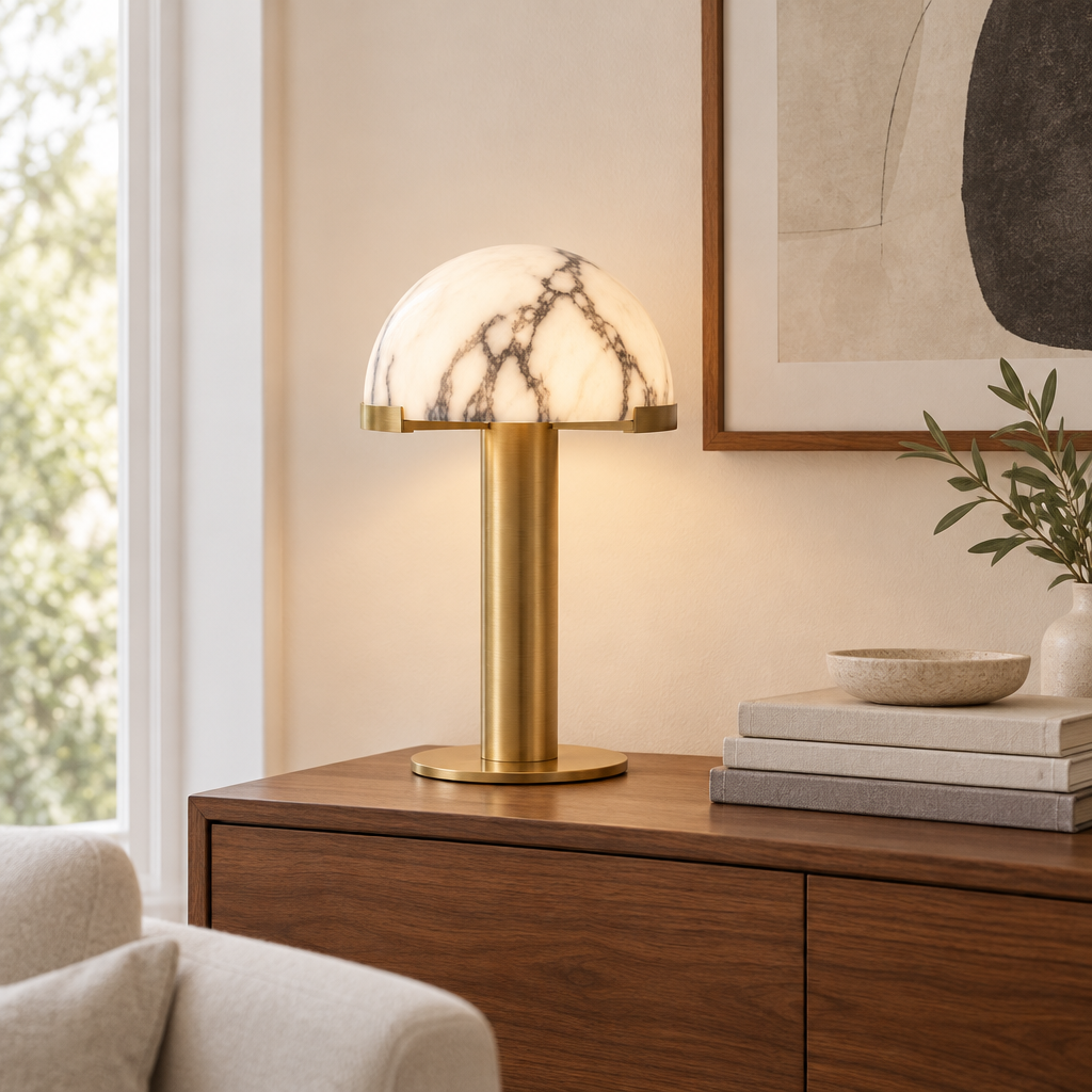 Hawes Alabaster-Effect Table Lamp – on a living-room console