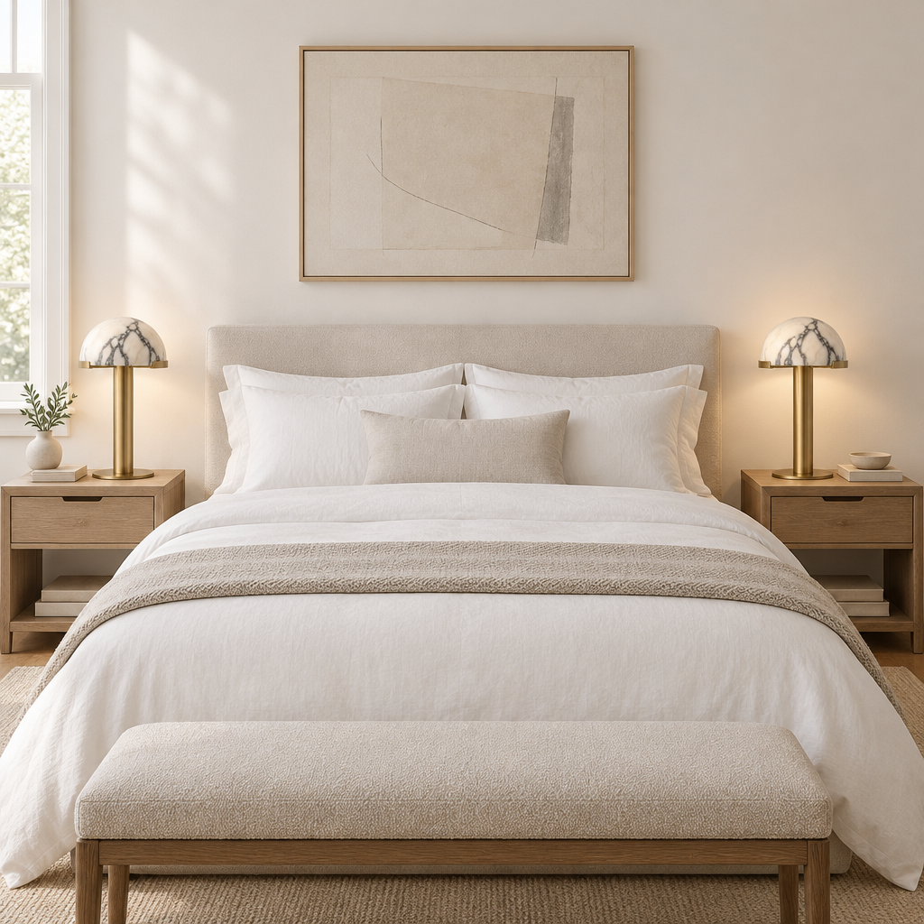 Hawes Alabaster-Effect Table Lamp – a pair on bedside tables