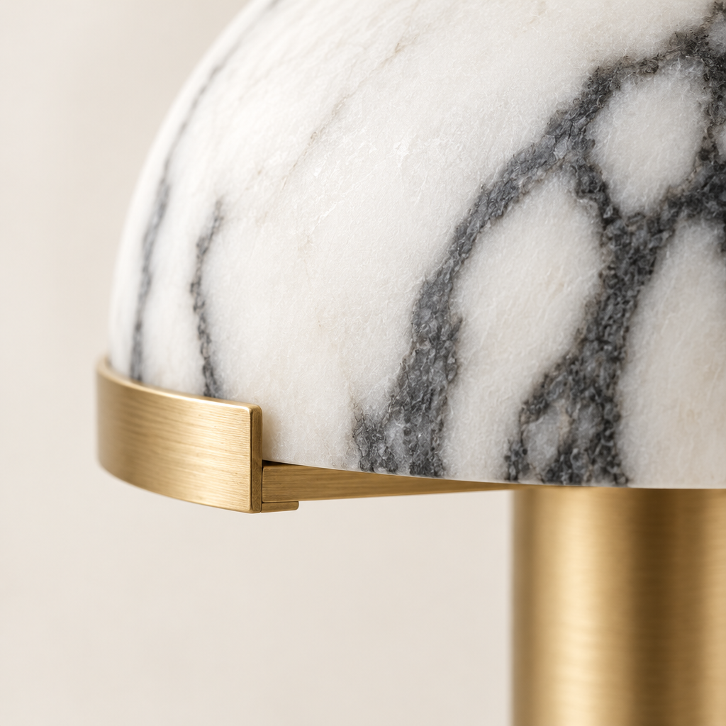 Hawes Alabaster-Effect Table Lamp – close-up of the veined dome and gold clip
