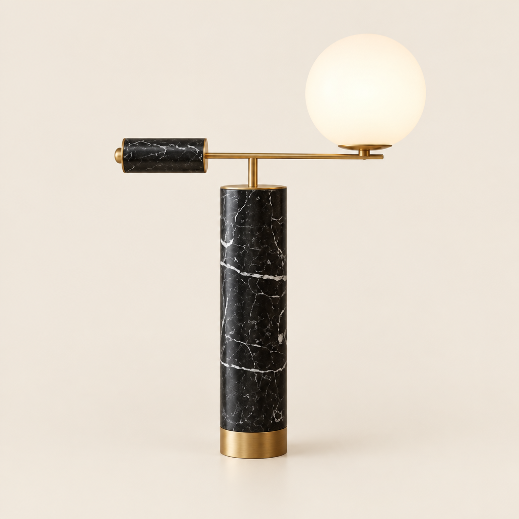 Haworth Black Marble Globe Table Lamp – switched on, studio view