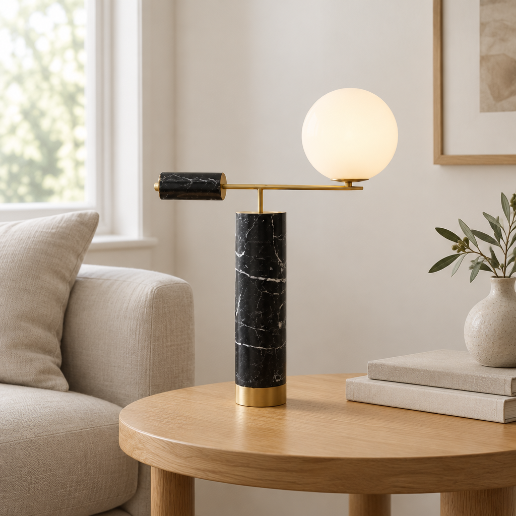 Haworth Black Marble Globe Table Lamp – on a side table