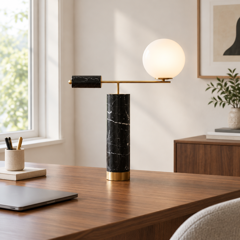 Haworth Black Marble Globe Table Lamp – on a desk