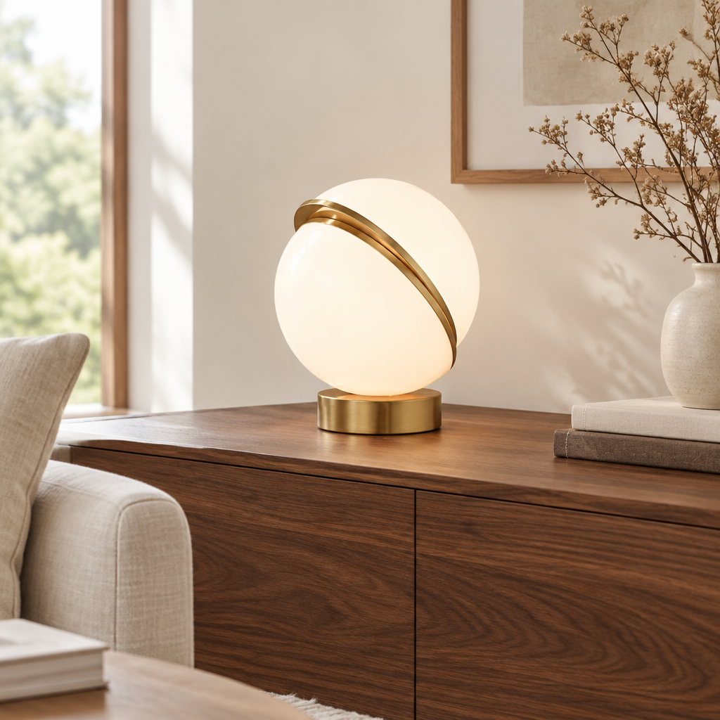Heston Opal Acrylic Table Lamp – on a walnut sideboard