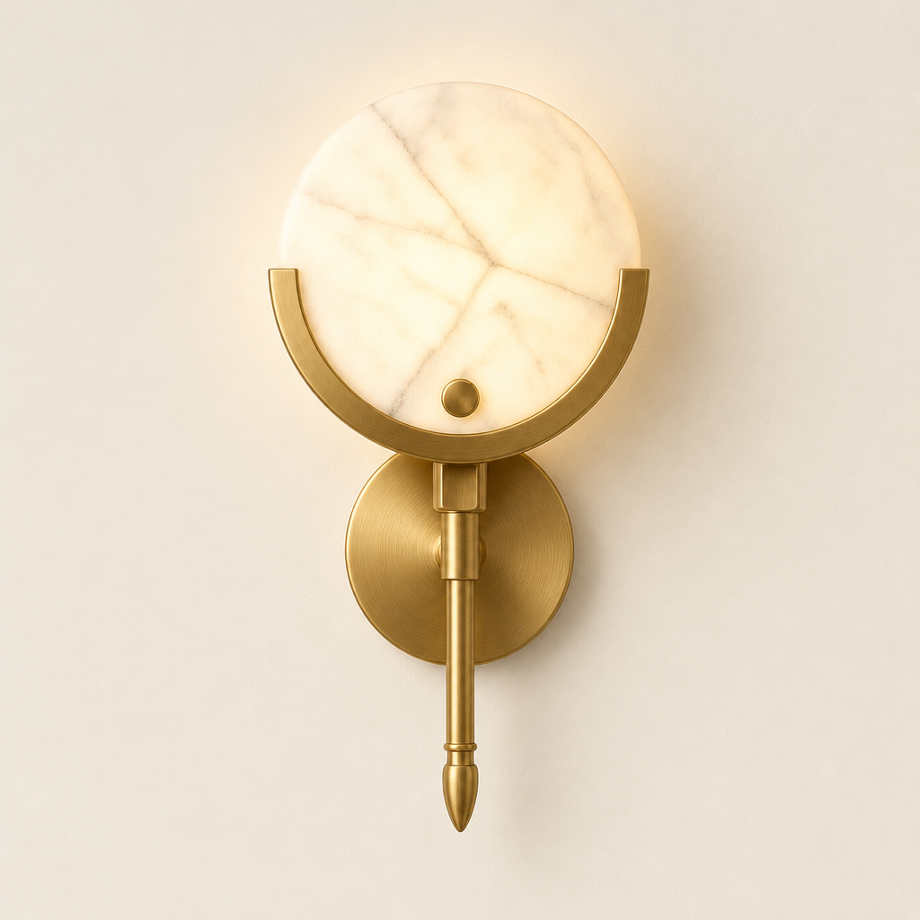 Hexham Marble Wall Light – switched on, studio view