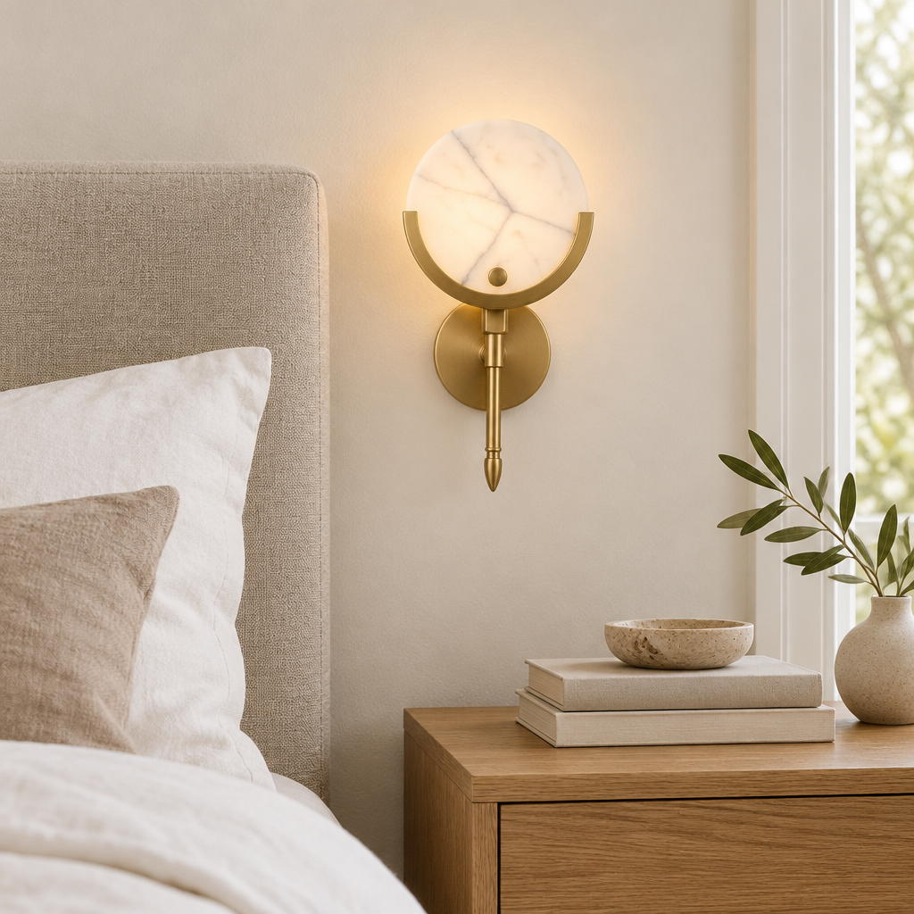 Hexham Marble Wall Light – beside a bed