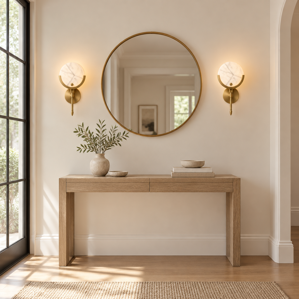 Hexham Marble Wall Light – a pair flanking a mirror