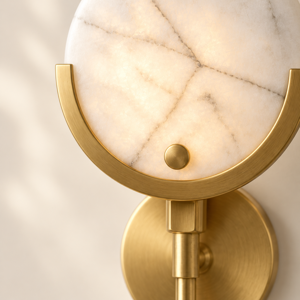 Hexham Marble Wall Light – close-up of the marble shade and brass crescent