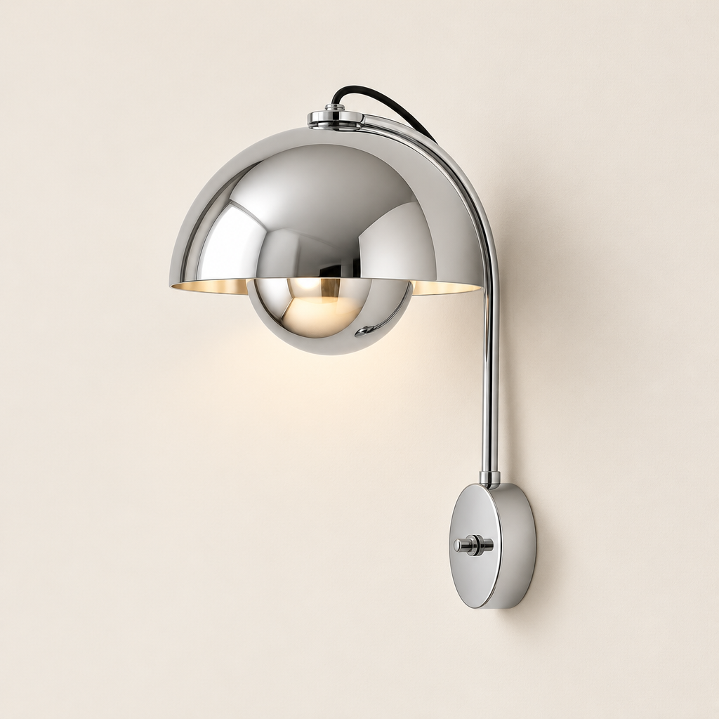 Hinton Chrome Wall Light – switched on, studio view