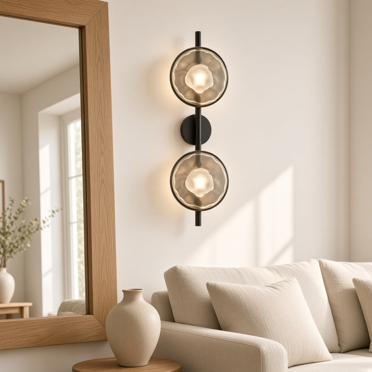 Kelso Double Disc Wall Light – beside a tall mirror