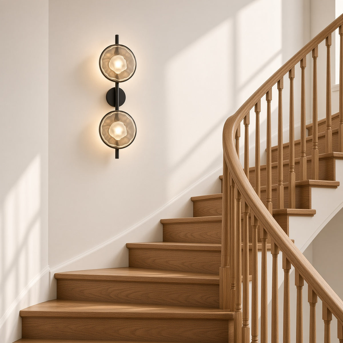 Kelso Double Disc Wall Light – on a staircase wall