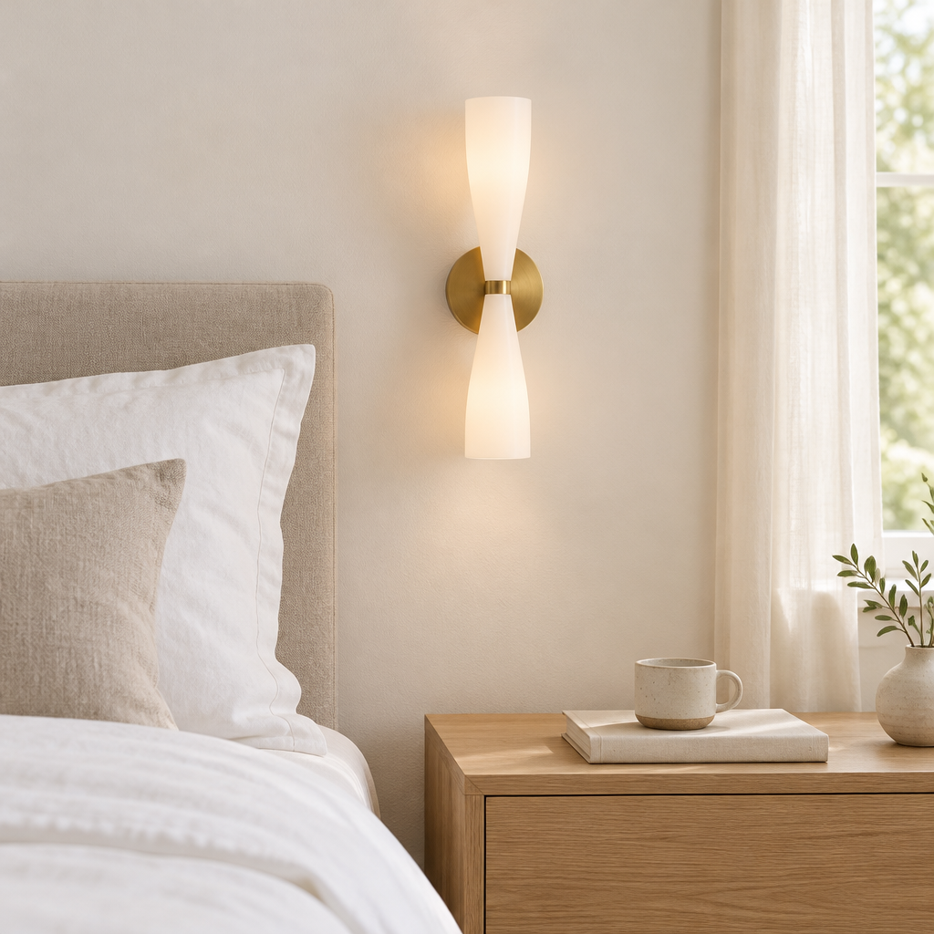 Kendal Opal Hourglass Wall Light – beside a bed