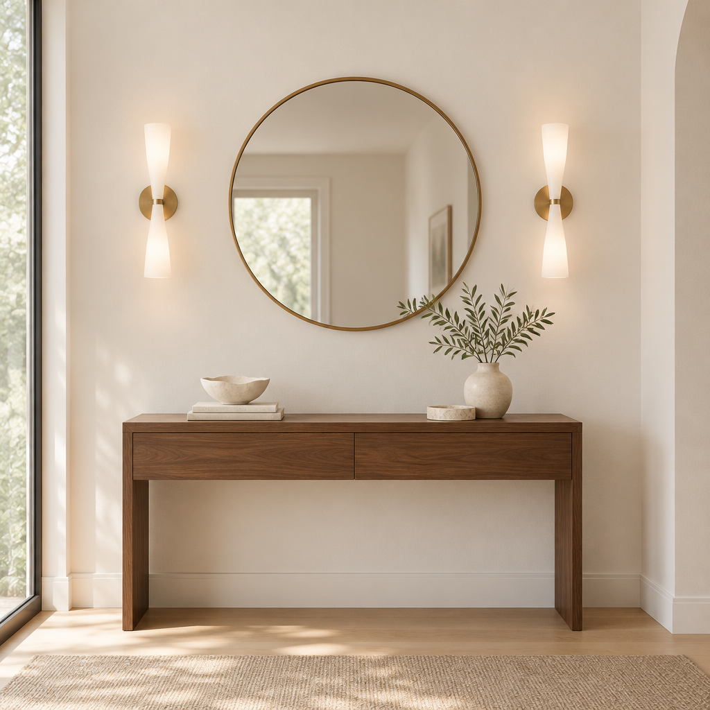 Kendal Opal Hourglass Wall Light – a pair flanking a mirror
