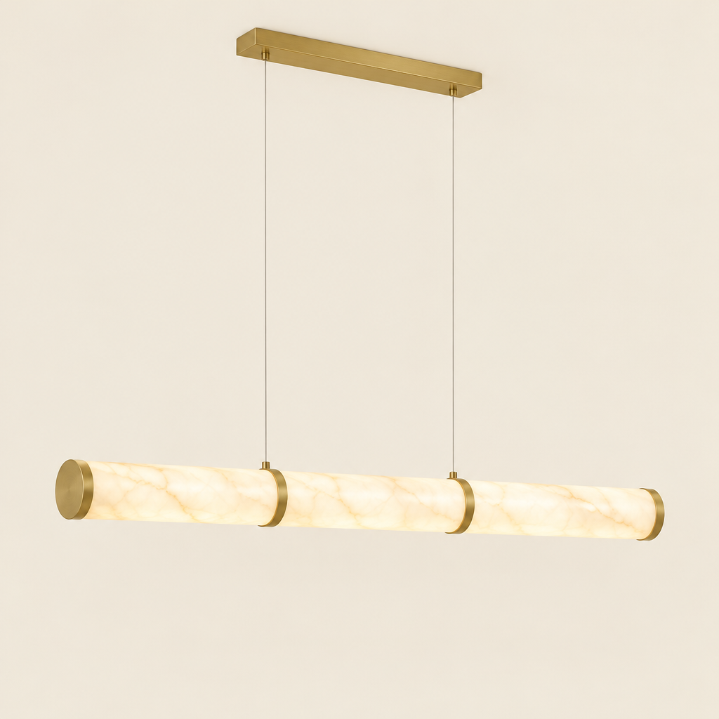 Kensal Marble-Effect Linear Pendant Light – switched on, studio view