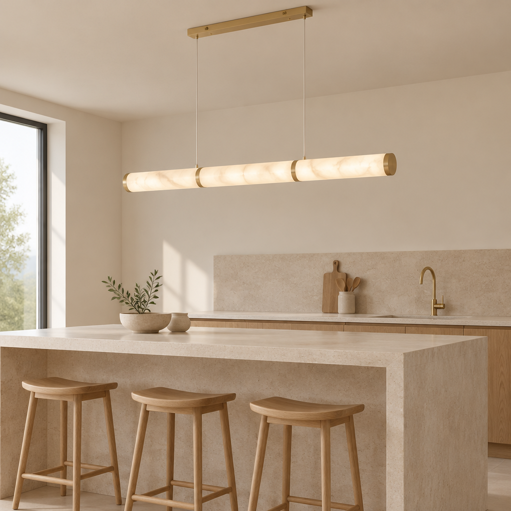 Kensal Marble-Effect Linear Pendant Light – above a kitchen island