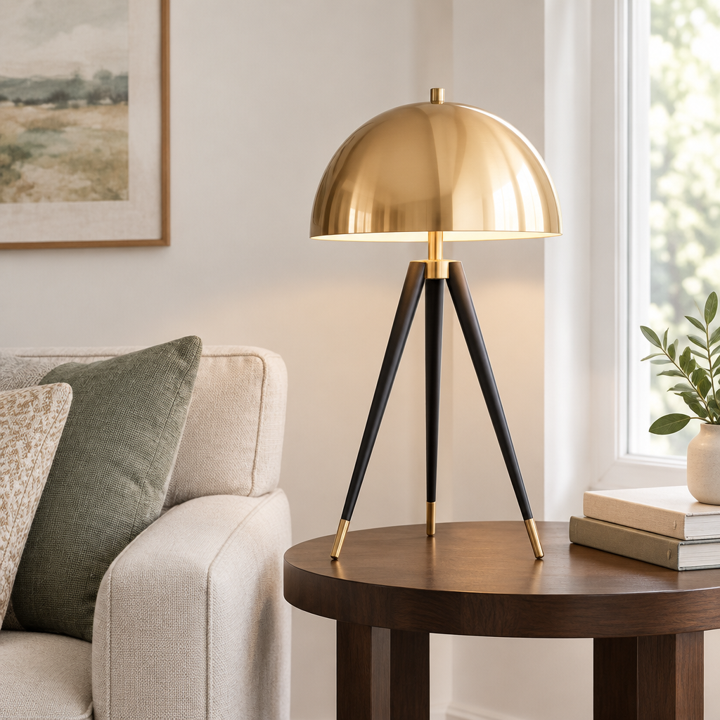 Kersey Gold Dome Tripod Table Lamp – on a side table by a sofa