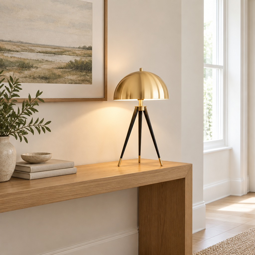 Kersey Gold Dome Tripod Table Lamp – on a hallway console