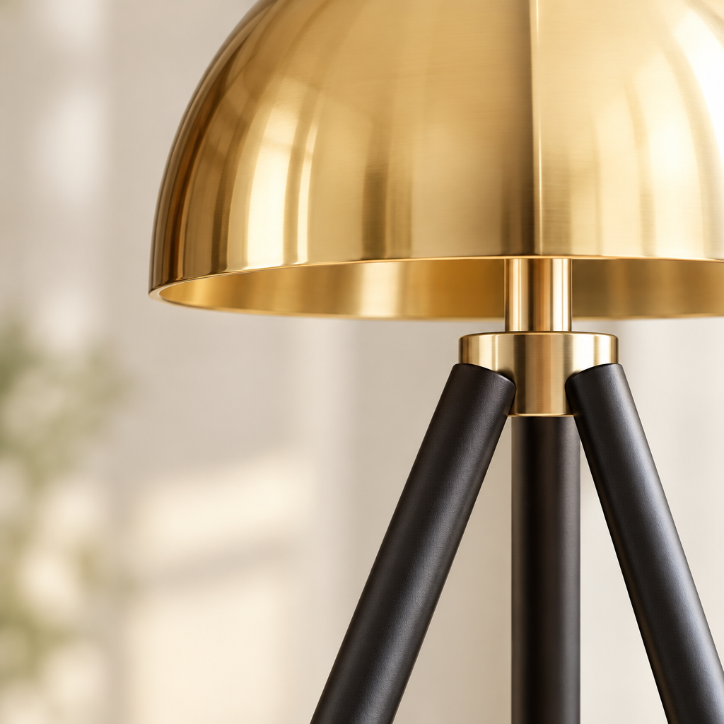Kersey Gold Dome Tripod Table Lamp – close-up of the gold dome and tripod joint