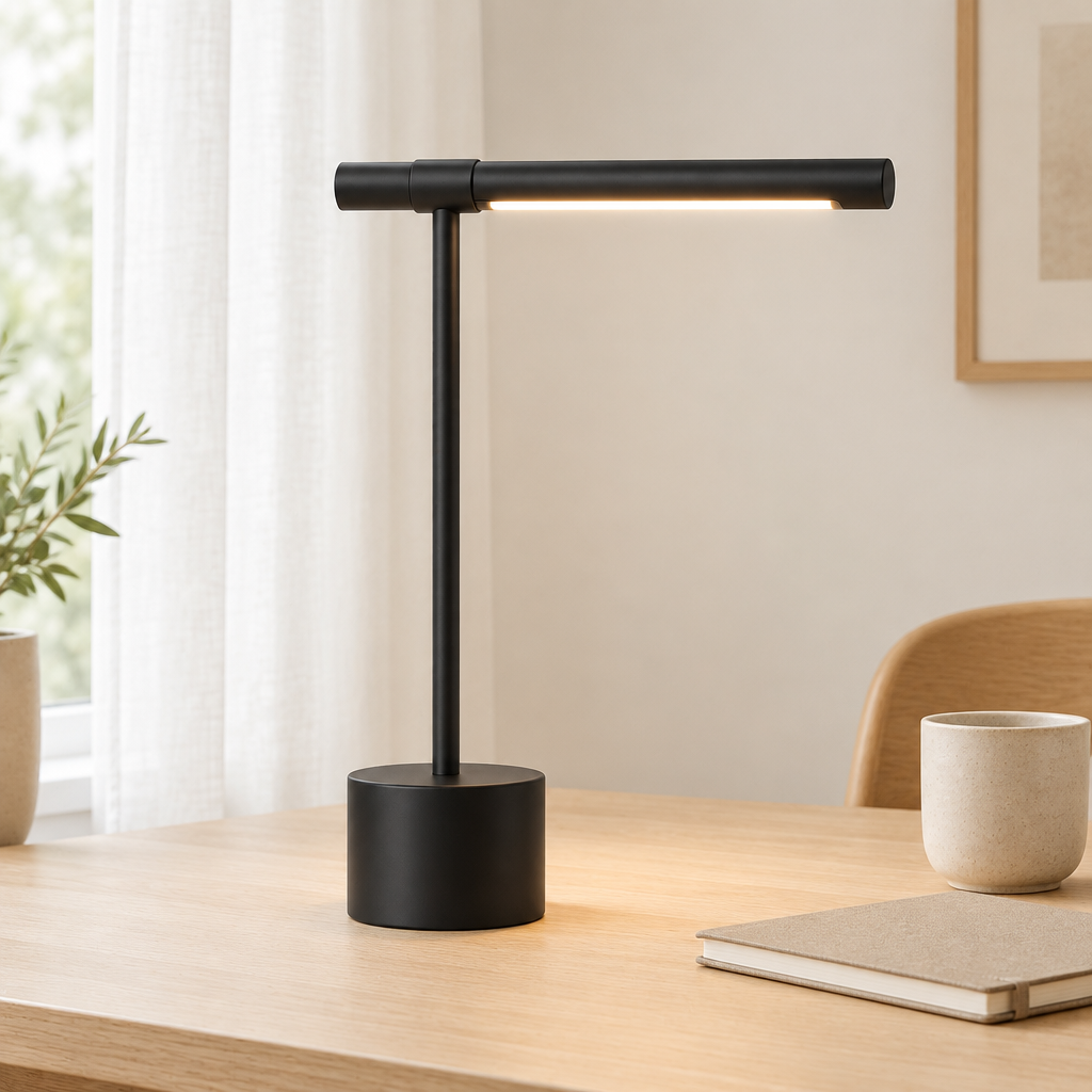 Keswick LED Desk Lamp – on an oak desk in a home study