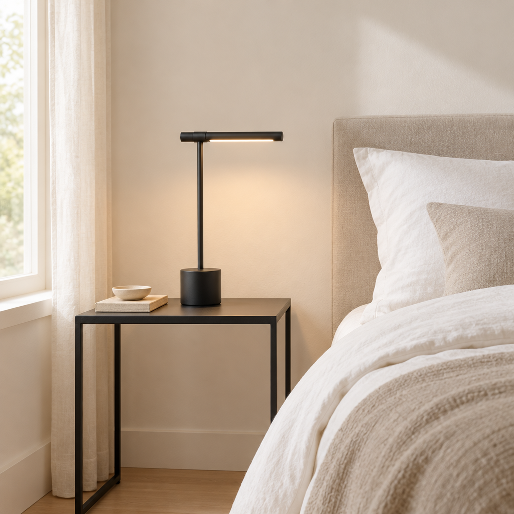 Keswick LED Desk Lamp – on a bedside table in a linen bedroom