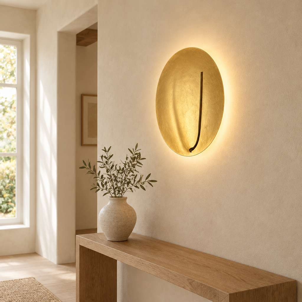Kilve Gold Disc Wall Light – in a hallway above a console