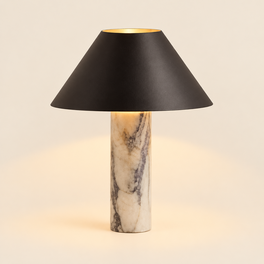 Kirkby Stone Table Lamp – switched on, studio view