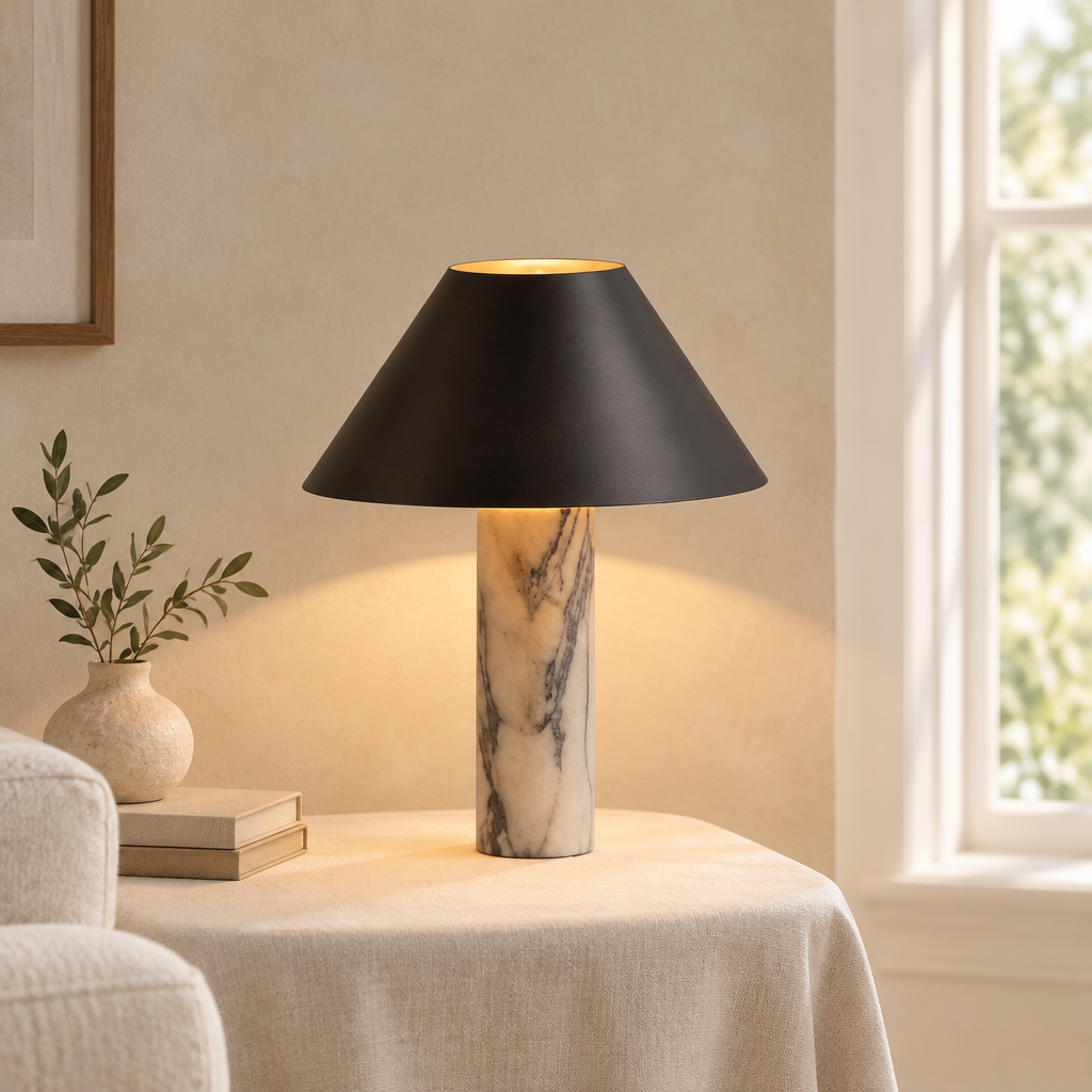 Kirkby Stone Table Lamp – on a linen-draped side table