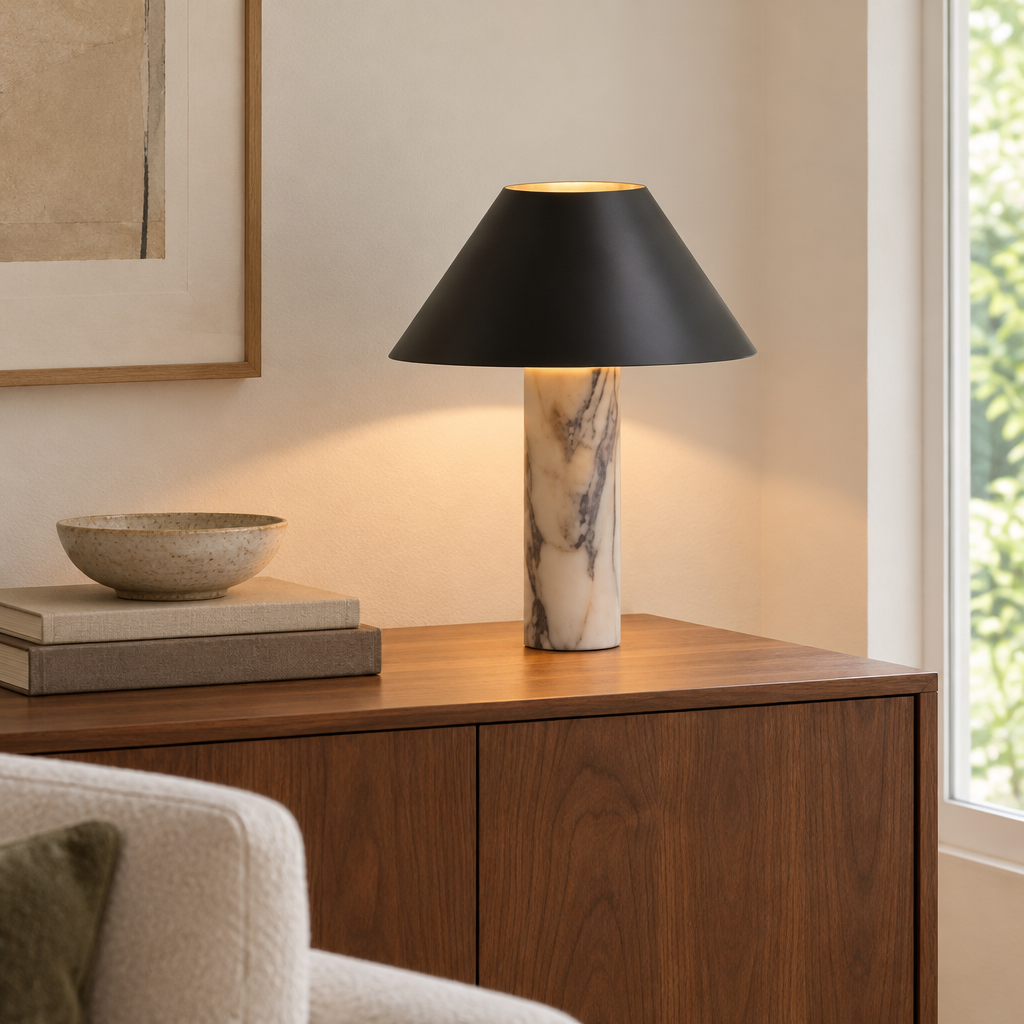 Kirkby Stone Table Lamp – on a walnut sideboard
