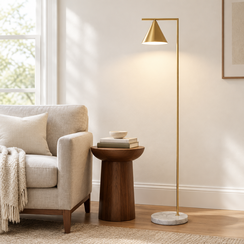 Lamport Marble Floor Lamp – beside an armchair in a living room