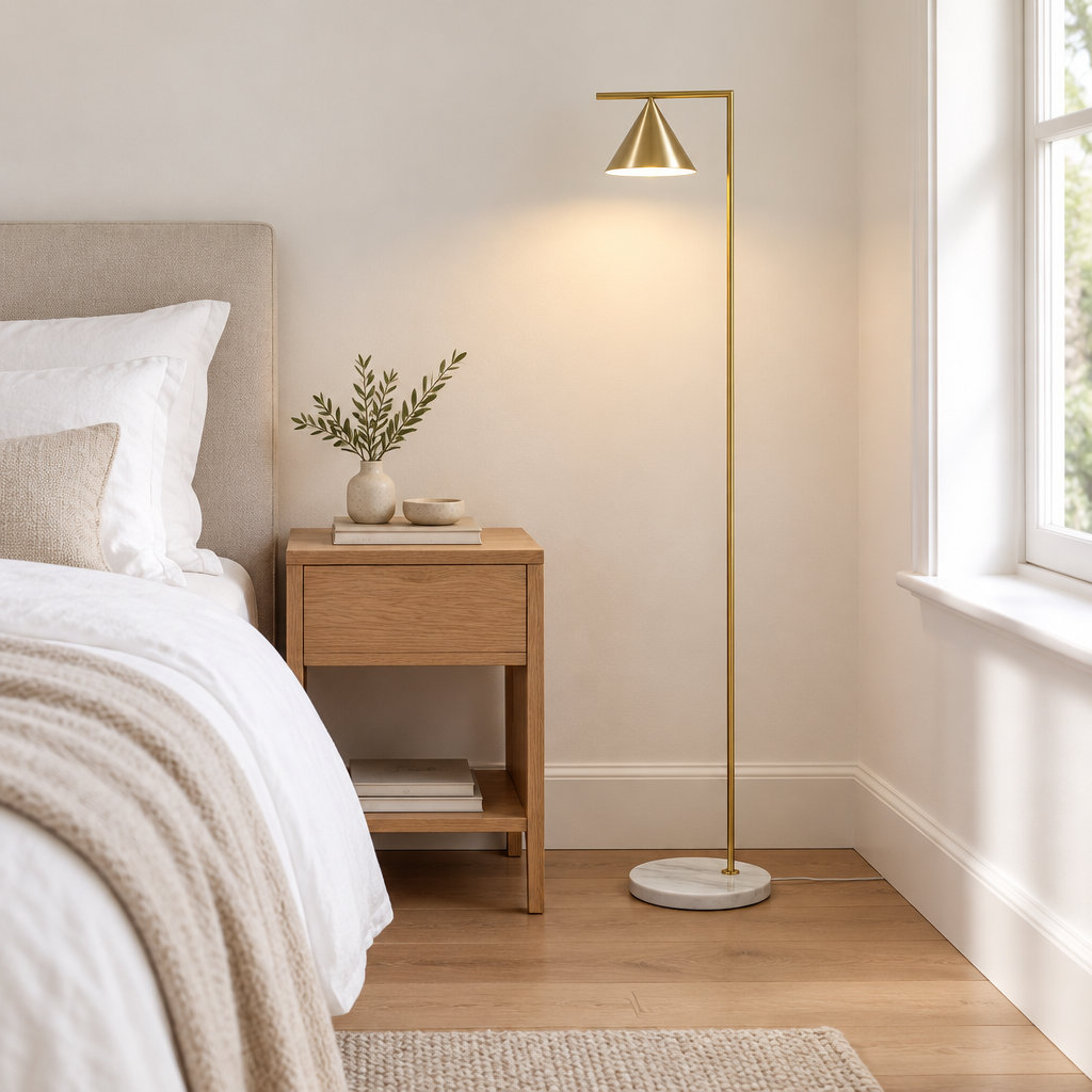 Lamport Marble Floor Lamp – in a bedroom corner showing its height