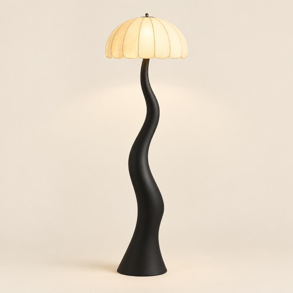 Lavenham Sculptural Fabric Floor Lamp – studio photo, lit, on a cream background