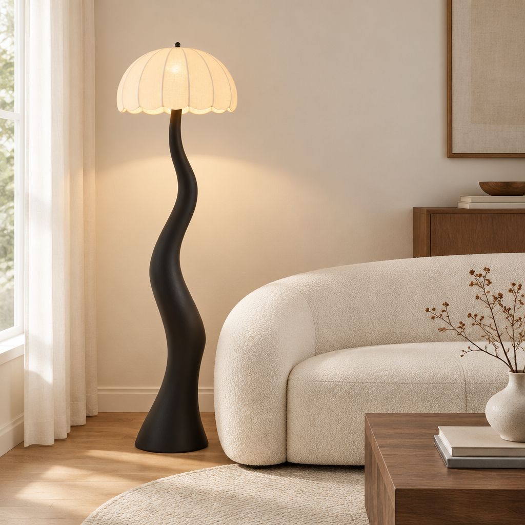 Lavenham Sculptural Fabric Floor Lamp – beside a curved sofa