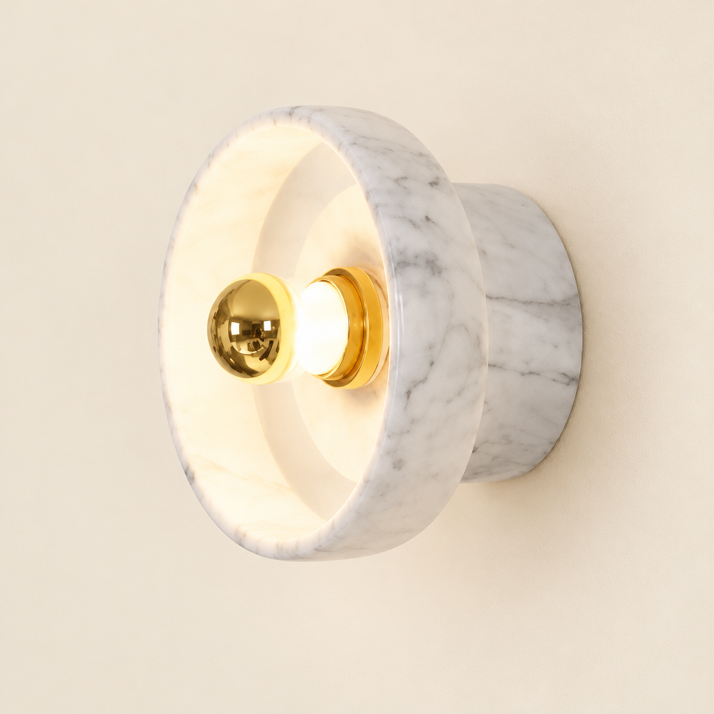 Lewes Marble-Effect Wall Light – studio photo, lit, on a cream background