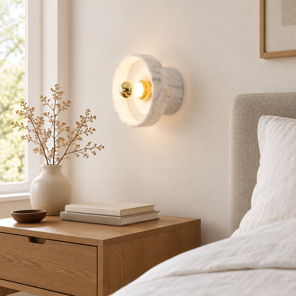 Lewes Marble-Effect Wall Light – beside a bedside table