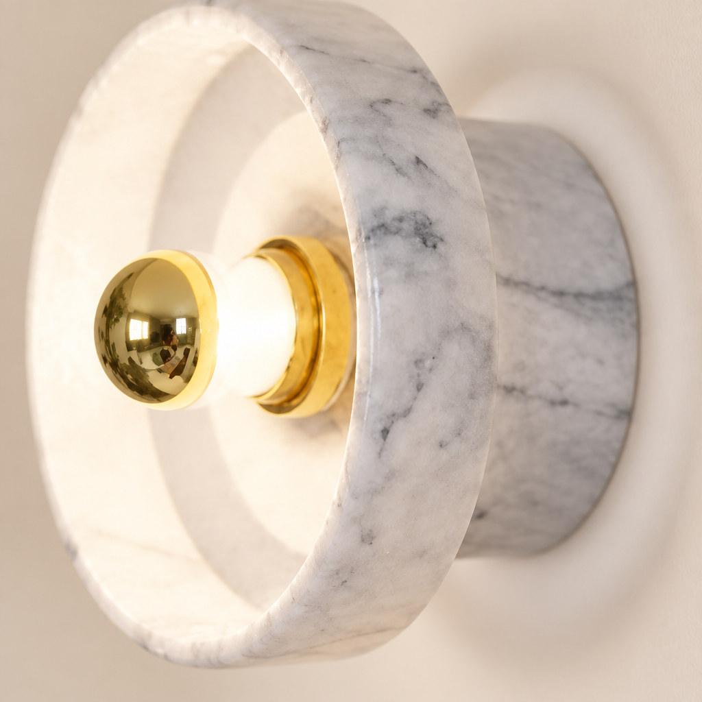 Lewes Marble-Effect Wall Light – close-up of the veined bowl and gold bulb